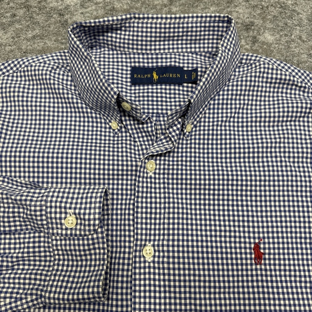 Ralph Lauren shirt men's large blue white gingham red pony logo long sleeve